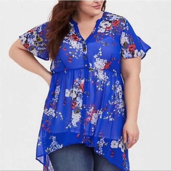 torrid Tops - Torrid Lexie Blue Floral Chiffon Hi Lo Tunic a Plus Size 1 Nwt
